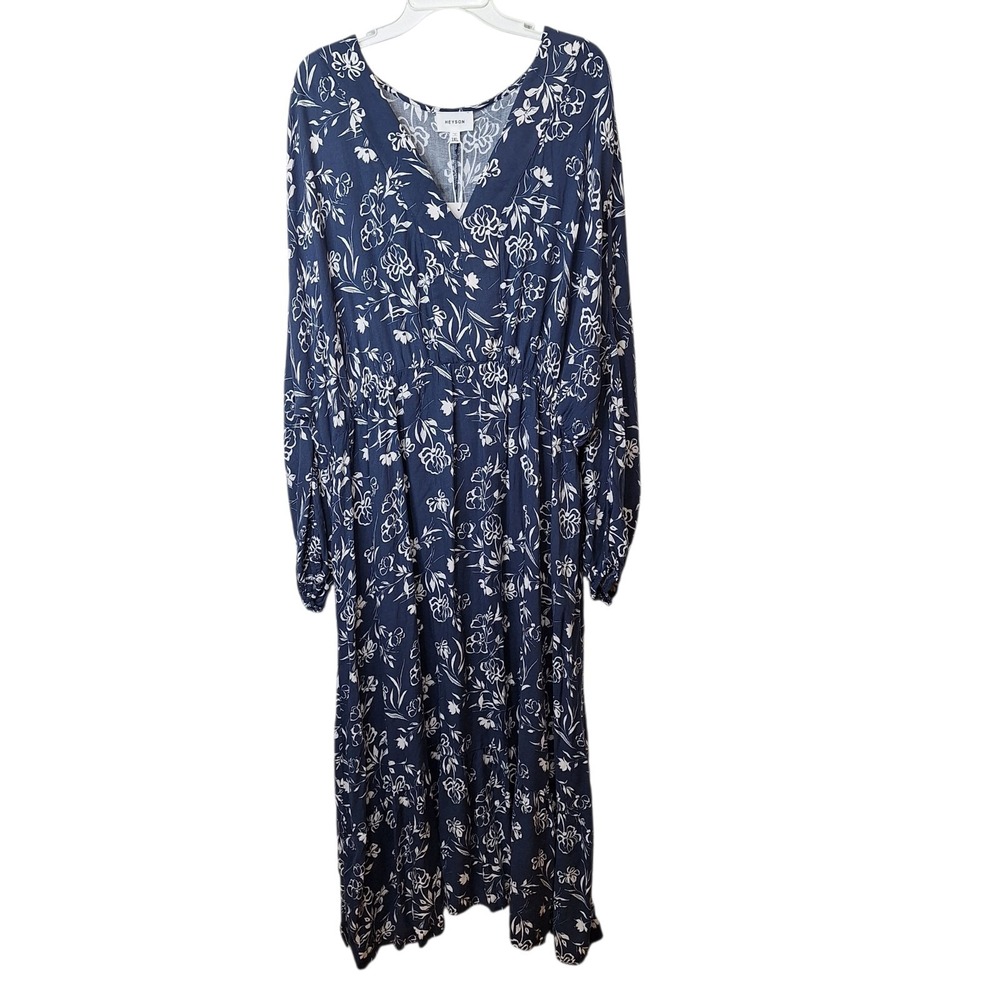 Heyson Womens‎ 3XL Blue Floral Tiered Maxi Dress Long Sleeves V Neck Pullover